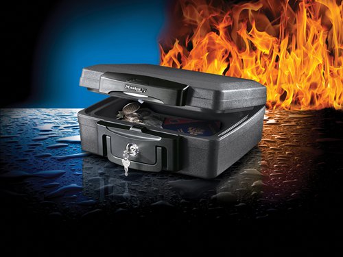 The Master Lock H0100 Small Key Locking Chest is waterproof and fire-resistant. It has a sleek design with a flush mounted faceplate and rugged look.It conforms to various classifications:UL Classified to fire endurance (1/2 hour at 843°C), to ensure the protection of documents, records and valuables in the event of a fire and to explosion hazard test: Subjected to a flash fire in a 1093°C furnace for 20 minutes, the unit will not explode or rupture.ETL Verified for 1/2 hour fire protection of digital media up to 843°C in the event of a fire and for water submersion to protect valuable items and documents from flood damage.Specification:Dimensions (HxWxD): External: 15.6 x 36.2 x 33cmInternal: 8.9 x 30.5 x 18.8cm