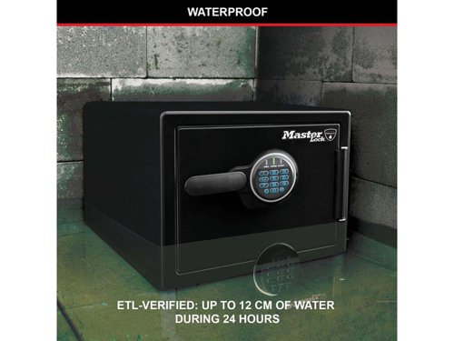 The Master Lock Digital Fire & Water Safes are designed to protect documents, digital media and other valuables from fire, water and theft. They have 60% bigger bolts than traditional safes and a pry-resistant hinge bar that provides additional security against unauthorised access.The safes have programmable digital combinations with backlit display for easy use even in dark places: 2 resettable combinations + 1 Master combination (non-programmable). They have an interior light, multi-position tray and built-in storage on the door.Protection:UL/ETL verified 60 minutes fire protection for documents, official papers, as well as digital items (CD, USB sticks) up to 927°C.ETL Verified water protection for 24 hours to protect documents and other valuable items from flood damage.ETL Verified to withstand a 4.5 metre drop during a fire and stay closed.Bolt down hardware included.The Large Digital Fire & Water Safe has the following specifications:Exterior Dimensions: 348 x 415 x 491mm.Interior Dimensions: 244 x 319 x 292mm.Door Thickness: 914mm.Body Thickness: 406mm.Interior Volume: 22.79 Litre.Water Depth Protection: 120mm.Weight: 35.7kg.Works with 4 x AAA alkaline batteries (not included).
