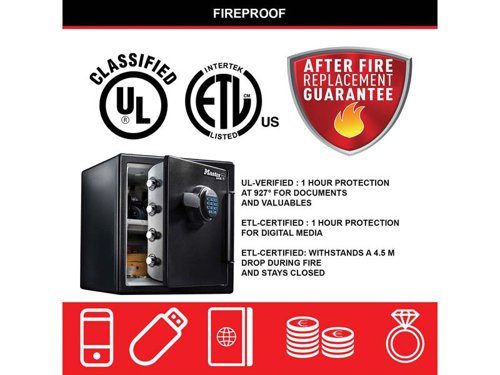 The Master Lock Digital Fire & Water Safes are designed to protect documents, digital media and other valuables from fire, water and theft. They have 60% bigger bolts than traditional safes and a pry-resistant hinge bar that provides additional security against unauthorised access.The safes have programmable digital combinations with backlit display for easy use even in dark places: 2 resettable combinations + 1 Master combination (non-programmable). They have an interior light, multi-position tray and built-in storage on the door.Protection:UL/ETL verified 60 minutes fire protection for documents, official papers, as well as digital items (CD, USB sticks) up to 927°C.ETL Verified water protection for 24 hours to protect documents and other valuable items from flood damage.ETL Verified to withstand a 4.5 metre drop during a fire and stay closed.Bolt down hardware included.The Extra Large Digital Fire & Water Safe has the following specifications:Exterior Dimensions: 453 x 415 x 491mm.Interior Dimensions: 349 x 319 x 302mm.Door Thickness: 914mm.Body thickness: 406mm.Interior Volume: 33.6 Litre.Water Depth Protection: 200mm.Weight: 38.9kg.Works with 4 x AAA alkaline batteries (not included).
