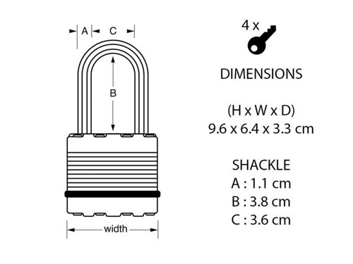 MLK Excell™ Laminated Steel 64mm Padlock 5-Pin - 38mm Shackle