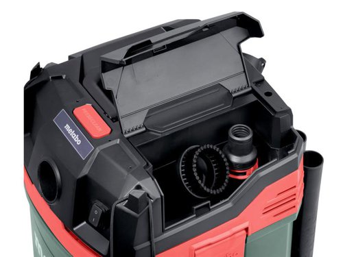 Metabo AS 20 L PC All-Purpose Class L Vacuum for liquids and dry solids with commercial registration. Integrated PressClean filter cleaning allows for versatile application. Manually clean the filter using strong air flow by activating the switch on the extraction unit during breaks.Ideal for mobile use due to low weight and compact construction. It can also be used as an extractor for power tools and to clean construction sites, workshops etc. Certified in accordance with EU standard for L class dust. For added safety there is a suction stop when vacuuming liquids, once the maximum fill level is reached the vacuum automatically turns off.Supplied with:1 x Quick Suction Hose (?  32mm, 1.75m).Quick Hard Cone Sleeves.3 x Plastic Suction Tubes.1 x Fleece Filter Bag.1 x Crevice Nozzle.1 x Floor Nozzle (300mm wide).1 x Suction Nozzle (120mm wide).Specifications:Voltage: 240V.Input Power: 1,200W.Capacity: Wet/Dry: 20 litres.Max. Air Flow: 4,200 L/min.Filter Surface: 3500cm??.Suction Hose Diameter: 32mm.Hose Length: 1.75mCable Length: 5.5m.Weight: 9.4kg.