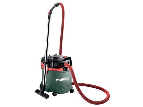 The Metabo ASA 30 M PC All-Purpose Vacuum built for liquids and dry solids with commercial registration. Integrated PressClean filter cleaning allows for versatile application. Manually clean the filter using strong air flow by activating the switch on the extraction unit during breaks.Ideal for mobile use due to low weight and compact construction. It can also be used as an extractor for power tools and to clean construction sites, workshops etc. Fitted with a power socket for a power tool use. The vacuum will automatically start/shut down when attached to a power tool.Certified in accordance with EU standard for M class dust. For added safety there is a suction stop when vacuuming liquids, once the maximum fill level is reached the vacuum automatically turns off. An automatic trailing mechanism empties the suction hose completely. There is also a warning signal on shortfall of the minimum volume flow to protect the user.Easy transport thanks to cable and hose bracket as well as having a case for pipes and nozzles. You can also attach metaBOXes to the vacuum cleaner for easy change of location.Supplied with:1 x Quick Antistatic Suction Hose (?  32mm, 4m).1 x Quick Coupling Bush ?  28/35mm.1 x Quick Coupling Bush ?  40/45mm.1 x Quick Premium Handle Adaptor.3 x Chrome-plated Suction Tubes.1 x Fleece Filter Bag.1 x Crevice Nozzle.1 x Floor Nozzle (360mm wide).1 x Suction Nozzle (120mm wide).1 x Brush Nozzle.1 x PE Disposal Bag.Specifications:Input Power: 1,200W.Capacity: Wet/Dry: 30 litres.Max. Air Flow: 4,200 L/min.Filter Surface: 3500cm??.Suction Hose Diameter: 32mm.Hose Length: 4m.Cable Length: 8m.Weight: 10.8kg.1 x Metabo ASA 30 M PC All-Purpose Vacuum with Power Tool Take Off 30 litre 110V Version.