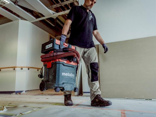 The Metabo ASA 30 M PC All-Purpose Vacuum built for liquids and dry solids with commercial registration. Integrated PressClean filter cleaning allows for versatile application. Manually clean the filter using strong air flow by activating the switch on the extraction unit during breaks.Ideal for mobile use due to low weight and compact construction. It can also be used as an extractor for power tools and to clean construction sites, workshops etc. Fitted with a power socket for a power tool use. The vacuum will automatically start/shut down when attached to a power tool.Certified in accordance with EU standard for M class dust. For added safety there is a suction stop when vacuuming liquids, once the maximum fill level is reached the vacuum automatically turns off. An automatic trailing mechanism empties the suction hose completely. There is also a warning signal on shortfall of the minimum volume flow to protect the user.Easy transport thanks to cable and hose bracket as well as having a case for pipes and nozzles. You can also attach metaBOXes to the vacuum cleaner for easy change of location.Supplied with:1 x Quick Antistatic Suction Hose (?  32mm, 4m).1 x Quick Coupling Bush ?  28/35mm.1 x Quick Coupling Bush ?  40/45mm.1 x Quick Premium Handle Adaptor.3 x Chrome-plated Suction Tubes.1 x Fleece Filter Bag.1 x Crevice Nozzle.1 x Floor Nozzle (360mm wide).1 x Suction Nozzle (120mm wide).1 x Brush Nozzle.1 x PE Disposal Bag.Specifications:Input Power: 1,200W.Capacity: Wet/Dry: 30 litres.Max. Air Flow: 4,200 L/min.Filter Surface: 3500cm??.Suction Hose Diameter: 32mm.Hose Length: 4m.Cable Length: 8m.Weight: 10.8kg.1 x Metabo ASA 30 M PC All-Purpose Vacuum with Power Tool Take Off 30 litre 110V Version.