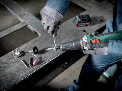 Metabo GVB 18 LTX BL 11-28 Brushless Die Grinder with a long grinding spindle for deburring, milling, grinding and cutting. Variable speed settings allow for working with different materials. Fitted with an easy-to-clean dust protection filter which protects the motor from coarse particles.Its slim handle provides for optimum handling and low-fatigue working. It also features a spindle lock for simple tool changes. A fast brake(< 1 sec), electronic overload protection, soft start and restart protection provide increased user safety. Comes as a Bare Unit, NO battery or charger. The battery pack can be rotated in 90°steps for best ergonomics in any working position.Part of the CAS system. This product can be combined with all 18V battery packs and chargers of the CAS brands. Many brands, one battery pack system.Specifications:No Load Speed: 8,000 - 28,000/min.Collar Diameter: 43mm.Collet Chuck Bore: 6mm.Weight: 1.4kg (without battery pack).