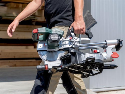 The Metabo KGS 18 LTX BL 216 Brushless Mitre Saw comes with a powerful brushless motor for sawing like a mains-powered tool. Soft start and overload protection provide a long motor and drive service life. It has a large cutting capacity thanks to the sliding function for wide work pieces.The turntable features stop points of common angles for fast, precise setting. With saw blade inclination from -2 to 47??, making it suited to undercuts. A quick-action clamp for secure fixing of the work piece from the top or front. There is also a depth guide for easy creation of grooves. Precision Cut Line (PCL) provides a precise shadow cutting line, without re-adjustment, thanks to a cleverly positioned LED. All scales and operating elements are visible from the working position and can be operated intuitively. Fitted with ergonomic handle areas for easy carrying, with one or two hands.Part of the CAS system. This product can be combined with all 18V battery packs and chargers of the CAS brands. Many brands, one battery pack system.Supplied with: 1 x Classic Cordless Cut Wood Saw Blade 254 x 30mm x Z48, 2 x Table Length Extensions, 1 x Length Guide, 1 x Material Clamp, 1 x Tool for Saw Blade Change, 1 x Chip Collection Bag, 1 x 18V 4.0Ah Li-Power Battery Pack and 1 x AIR COOLED Charger ASC 55.Specifications:No Load Speed: 4,000/min.Max. Cutting Speed: 53 m/s.Saw Blade: 254 x 30mm.Max. Cutting Width 90??/45??: 305/215mm.Max. Cutting Depth 90??/45??: 92/47mm.Cutting Capacity (mm): 90??/90?? 305 x 92, 45??/45?? 215 x 47.Turntable Setting Left/Right: 50??/50??.Saw Blade Tilt Left/Right: 47??/2??.Support Surface: 345 x 760mm.Weight: 14.8kg (without battery pack).