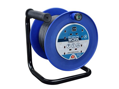 This Masterplug 240V Heavy-Duty Cable Reel has a robust design with thermal cut-out and reset button. This 4-socket open cable reel extension lead is perfect for using around the home or garden. Fitted with a comfortable, heavy-duty handle for easy lifting and transporting, it also has 4-sockets on the front of the drum for connecting electrical power equipment.Manufactured to BS EN 61242.1 x MasterplugHeavy-Duty Cable Reel 240V 13A 4-Socket Thermal Cut-Out 30m