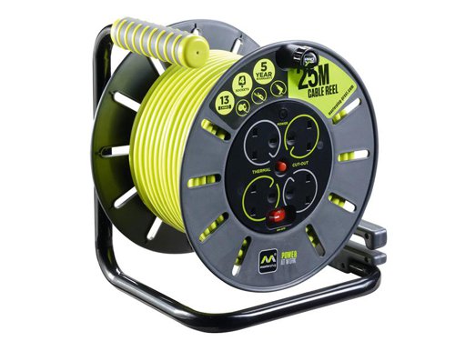 The Masterplug PRO-XT Open Cable Reel is lightweight and sturdy. This portable cable reel has 4 shuttered sockets, an LED indicator, an integrated power switch and a safety thermal cut-out for protection against overloading when fully wound. Designed and engineered for longevity, the plastic drum provides reliable protection when in use, transported or stored.Specification:Voltage: 240VCable Size: 1.25mmMax. Load: Unwound: 3,120W (13A), Wound: 720W (3A)Switch: Double PoleStandard: BS EN 61242. ASTA Approved1 x Masterplug PRO-XT Open Cable Reel 240V 13A 4-Socket 50m.