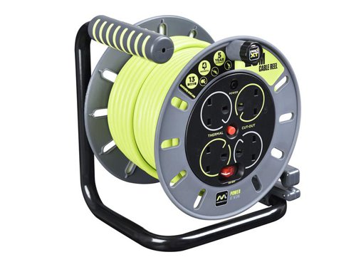 The Masterplug PRO-XT Open Cable Reel is lightweight and sturdy. This portable cable reel has 4 shuttered sockets, an LED indicator, an integrated power switch and a safety thermal cut-out for protection against overloading when fully wound. Designed and engineered for longevity, the plastic drum provides reliable protection when in use, transported or stored.Specification:Voltage: 240VCable Size: 1.25mmMax. Load: Unwound: 3,120W (13A), Wound: 720W (3A)Switch: Double PoleStandard: BS EN 61242. ASTA Approved1 x Masterplug PRO-XT Open Cable Reel 25m 13A 4 Socket
