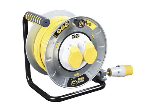 The Masterplug PRO-XT Open Metal Cable Reel has a large drum, designed and engineered for longevity. With two 110V 16A sockets and high visibility cable, making it perfect for site applications. It also features a LED indicator, integrated power switch and cable guide for ease of use. A safety thermal cut-out for protection against overloading when fully reeled.This open cable reel is great it comes to using portable power on site.
