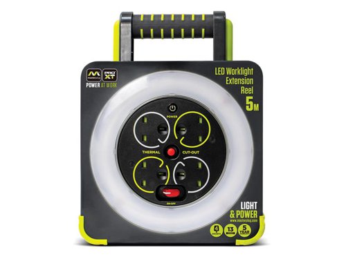 The Masterplug Work Light Cable Reel provides both light and power for home and heavy-duty applications. The handy work light provides 550 lumens of light. Its 4 shuttered sockets feature power control and a status indicator.Designed and engineered for longevity, a fold-out stand and ground touch points with grips help to ensure stability. It also features an ergonomic carry handle and 5 metres of highly visible green cable.Conforms to EN 61242.Specification:Voltage: 240VFully Unwound: 3,120W (13A), Fully Wound: 720W (3A)Switch: Double PoleCable Length: 5mCable Diameter: 1.25mm² (HO5VV-F)