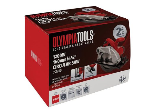 The Olympia Tools® Circular Saw is fitted with a powerful 1,200W motor and an adjustable steel base for cutting bevels up to 45°. Its easy-to-handle design incorporates a soft grip handle for reduced fatigue.Supplied with: 1 x TCT Saw Blade 160 x 20mm, 1 x Parallel Cutting Guide, 1 x Hex Key and 1 x Pin Spanner.Specifications:Input Power: 1,200W.No Load Speed: 4,800/min.Max. Cutting Depth: @90° 52mm, @45° 37mm.Blade: 160 x 20mm Bore.Bevel Capacity: 0-45°.Weight: 3.89kg.