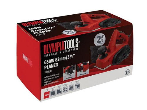 The Olympia Tools® Planer has a powerful 650W motor. Its soft grip handle fits securely in the hand and helps prevent fatigue. Fitted with a removable dust bag which keeps your working area clean and free from debris.Supplied with: 1 x Parallel Guide, 1 x Rebate Guide, 2 x Reversible TCT Blades, 1 x Hex Key, 1 x Spanner and 1 x Removable Dust Bag.Specifications:Input Power: 650W.No Load Speed: 16,000/min.Planing: Width 82mm, Depth 0-2mm.Rebating Depth: 0-10mm.Weight: 2.42kg.