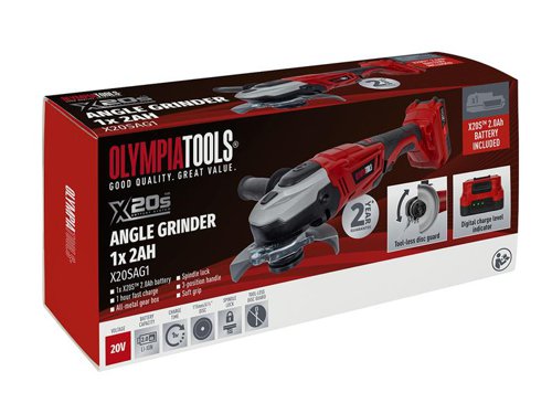 The Olympia Tools® X20S™ Angle Grinder has a powerful motor and an all-metal gearbox for increased durability. Its 3-position handle provides greater comfort and control whilst the soft grip provides enhanced comfort. The spindle lock and tool-less disc guard enable you to change accessories easily.Supplied with: 1 x Quick-Release Guard, 1 x Side Handle, 1 x Wrench, 1 x 20V 2.0Ah Li-ion Battery and 1 x X20S™ Fast Charger.Specifications:No Load Speed: 8,500/min.Disc Diameter: 115mm (4.1/2in).Spindle: M14.Weight: 1.95kg.