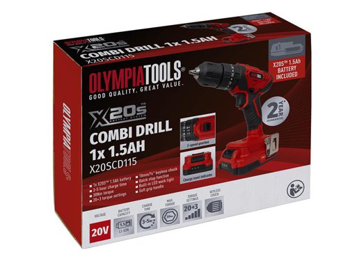The Olympia Tools® X20S™ Combi Drill Driver has a 2-speed gearbox for powerful drilling in wood, masonry and steel and its quick-stop function improves user safety.The Drill Driver, fitted with a soft grip handle for reduced fatigue and increased control, also has a handy LED work light, ideal when working in dark spaces.Specifications:Drill Chuck: 10mm (3/8in) Keyless.No Load Speed: 0-400/0-1350/min.Impact Rate: 6000/20250/bpm.Max. Torque: 30Nm.Torque Settings: 20+3.Charge Time: 3-5 hours.Max. Drilling Diameter: Steel 6mm, Wood 20mm, Masonry 10mm.Weight: 1.33kg.This Olympia Tools® X20S™ Combi Drill Driver is supplied with:1 x 20V 1.5Ah X20S™Li-ion Battery.1 x X20S™ Charger.1 x Belt Clip.