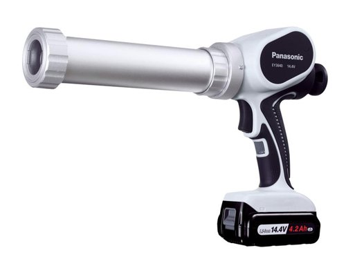 The Panasonic EY3640L Sealant Gun has a powerful motor that provides high pushing pressure and a high flow rate. Its comfortable, lightweight design incorporates an ergonomic soft grip for increased comfort. Specifically designed for long operating time and efficient application of large volumes of sealing material.Supplied with: 1 x 14.4V 4.2Ah Li-ion Battery, 1 x Charger and 1 x Carry Case.Specifications:Capacity: 310ml.Pushing Pressure: 4,410N (450kgf).Weight: 2.65kg.