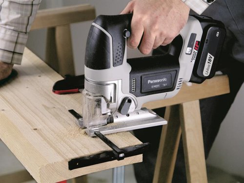 The Panasonic EY4550X Cordless Jigsaw offers high cutting performance as well as outstanding endurance. With 4 stages of pendulum, the speed and accuracy adapts perfectly to a wide variety of different materials including metal, plastic and wood.The Activating Dust-Blow function blows the dust away and keeps the cutting line clear, preventing work disruption. The LED light and keyless blade change mechanism enable comfortable working.Jobsites make tough demands on Power Tools. Unexpected water contact or exposure to dust can cause a malfunction of the tool leading to trouble and delays. Panasonic have developed the Tough Tool IP range (which includes this machine) for exceptional resistance to water and dust. Tough Tool IP is a reassuring presence in the most difficult conditions.Specifications:Strokes at No Load: 0-2,500/min.Stroke Length: 26mm.Capacity: Wood: 65mm, Mild Steel: 6mm, Aluminium: 10mm.Max. Thickness of Mounting Blade: 1.6mm.Weight: 3.35kg.The Panasonic EY4550LJ2G Cordless Jigsaw is supplied with:1 x Systainer Case.2 x 18V 5.0Ah Li-ion Batteries.1 x Charger.The Systainer Case System is widely used in the power tool industry by Festool, Mafell and other brands, so the tradesman can stack and connect our cases with any of the other Systainer cased brands.