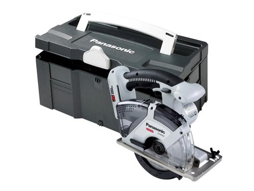 The Panasonic EY45A2 Universal Circular Saw is supplied with a wood cutting blade and is ideal for a range of applications in carpentry. It uses the Tough Tool IP dust and splash protection for increased durability with a 3-way dust control system.The saw has a lightweight and ergonomic design with soft grip covering. The innovative guard design allows steel, wood and plastic cutting blades to be used safely and there is a transparent window making it easy to see the cutting edge.Compatible with both 14.4V and 18V Panasonic batteries.Specifications:No Load Speed: 4,500/min. Max. Cutting Depth: 46mm.Blade Size: 135 x 20mm Bore.The Panasonic EY45A2XWT Universal Circular Saw comes as a Bare Unit, No Battery or Charger.It is supplied in a handy Systainer Case. The Systainer Case System is widely used in the power tool industry by Festool, Mafell and other brands, so the tradesman can stack and connect our cases with any of the other Systainer cased brands.