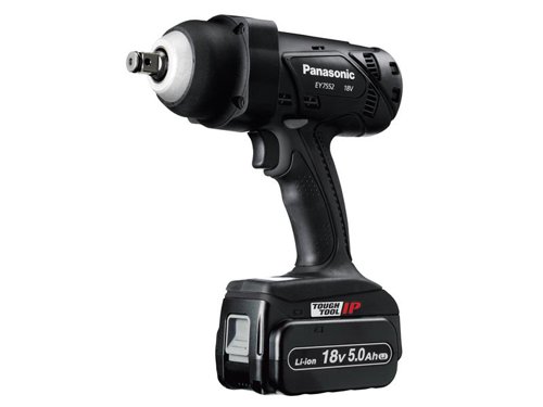 The Panasonic EY7552 1/2in Heavy-Duty Impact Wrench has an improved twin hammer block design which allows for a smaller size and lower weight, but also provides reduced vibration and noise levels, making it a comfortable, hard-working tool. The EY7552 offers approximately 230% higher power with almost 50% less vibration and most compact in the high power class when compared with EY75A2 impact wrench. This also helps to protect against damage to the unit itself where repeated contact with the floor or work station causes wear.To reduce the risk of battery power running out, users can check the power level status using the battery capacity level indicator when preparing to take the unit to remote or high-level areas with no access to a power source. Fitted with a 'C spring' type retainer ring, meaning sockets can be fitted easily and can be changed quickly. It's important not to use sockets without a pin facility option. For the strongest, safest socket attachment, use a pin and rubber ring retainer. The 'C spring' retainer is for temporary socket attachment only.Specifications:No Load Speed: 0-1,550/min.Impact Rate: 0-2,400/bpm.Max. Torque: 470Nm.Bolt Capacity: Standard M6-M24, High Tensile M6-M18.Charge Time: Usable 65 min., Full 80 min.Weight: 2.6kg.The Panasonic EY7552 Heavy-Duty Impact Wrench is supplied with:2 x 18V 5.0Ah Li-ion Batteries.1 x EY0L82B Charger.1 x Carry Case.