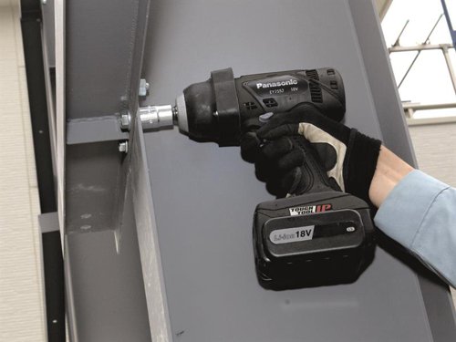 The Panasonic EY7552 1/2in Heavy-Duty Impact Wrench has an improved twin hammer block design which allows for a smaller size and lower weight, but also provides reduced vibration and noise levels, making it a comfortable, hard-working tool. The EY7552 offers approximately 230% higher power with almost 50% less vibration and most compact in the high power class when compared with EY75A2 impact wrench. This also helps to protect against damage to the unit itself where repeated contact with the floor or work station causes wear.To reduce the risk of battery power running out, users can check the power level status using the battery capacity level indicator when preparing to take the unit to remote or high-level areas with no access to a power source. Fitted with a 'C spring' type retainer ring, meaning sockets can be fitted easily and can be changed quickly. It's important not to use sockets without a pin facility option. For the strongest, safest socket attachment, use a pin and rubber ring retainer. The 'C spring' retainer is for temporary socket attachment only.Specifications:No Load Speed: 0-1,550/min.Impact Rate: 0-2,400/bpm.Max. Torque: 470Nm.Bolt Capacity: Standard M6-M24, High Tensile M6-M18.Charge Time: Usable 65 min., Full 80 min.Weight: 2.6kg.The Panasonic EY7552 Heavy-Duty Impact Wrench is supplied with:2 x 18V 5.0Ah Li-ion Batteries.1 x EY0L82B Charger.1 x Carry Case.