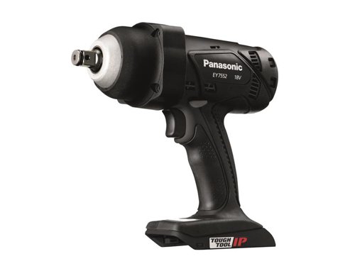 The Panasonic EY7552 1/2in Heavy-Duty Impact Wrench has an improved twin hammer block design which allows for a smaller size and lower weight, but also provides reduced vibration and noise levels, making it a comfortable, hard-working tool. The EY7552 offers approximately 230% higher power with almost 50% less vibration and most compact in the high power class when compared with EY75A2 impact wrench. This also helps to protect against damage to the unit itself where repeated contact with the floor or work station causes wear.To reduce the risk of battery power running out, users can check the power level status using the battery capacity level indicator when preparing to take the unit to remote or high-level areas with no access to a power source. Fitted with a 'C spring' type retainer ring, meaning sockets can be fitted easily and can be changed quickly. It's important not to use sockets without a pin facility option. For the strongest, safest socket attachment, use a pin and rubber ring retainer. The 'C spring' retainer is for temporary socket attachment only.Specifications:No Load Speed: 0-1,550/min.Impact Rate: 0-2,400/bpm.Max. Torque: 470Nm.Bolt Capacity: Standard M6-M24, High Tensile M6-M18.Charge Time: Usable 65 min., Full 80 min.Weight: 2.6kg.The Panasonic EY7552X Heavy-Duty Impact Wrench 18V comes as a Bare Unit, No Battery or Charger supplied.