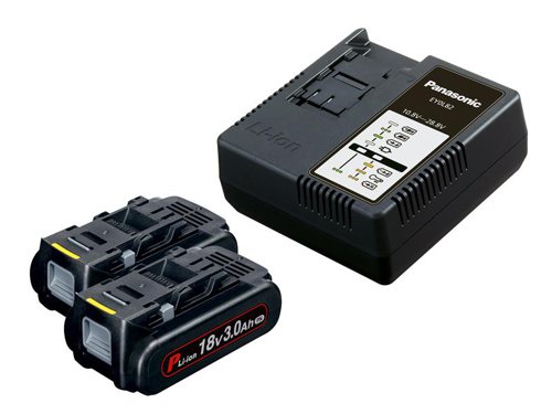 The Panasonic EYC954B32 Battery & Charger Kit contains the following:2 x 18V 3.0Ah Li-ion Batteries.1 x 14.4V-28.8V EY0L82B31 Universal Charger, suitable for charging all types of Panasonic 14.4V-28.8V Li-ion batteries. This 'Quick Charger' has a charging time of 15-90 minutes, depending on the specific battery voltage and capacity. An LED display allows you to monitor the operational status of the charger and the charge state of the battery.