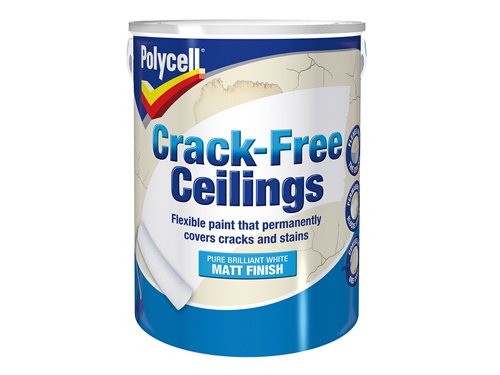 Polycell Crack-Free Ceilings is a great way to restore cracked ceilings to a smooth, new-looking finish. Its flexible paint formulation uses Polyfilla technology to not only permanently cover cracks and stains, but prevent them from reappearing.For indoor use on plaster, plasterboard and masonry.Drying time: Surface dry in 2-3 hours (depending on conditions).Size: 5 litres. Finish: Matt.