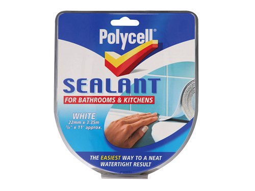 Polycell Sealant Strip Bathroom / Kitchen is a great way to cover imperfections. The strip is flexible, can easily be wiped clean and is a perfect alternative to gun and tube sealants. It is easy to use and produces a neat, watertight result.Suitable for: Ceramic tiles, enamel and plastic baths and sinks, porcelain, stainless steel, laminate worktops, painted or varnished wood, gloss and emulsion painted surfaces and glass.Colour: white.Width: 22mm. Length: 3.35 metres.