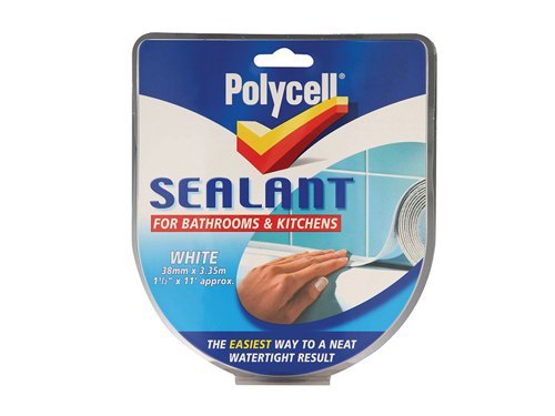 Polycell Sealant Strip Bathroom / Kitchen is a great way to cover imperfections. The strip is flexible, can easily be wiped clean and is a perfect alternative to gun and tube sealants. It is easy to use and produces a neat, watertight result.Suitable for: Ceramic tiles, enamel and plastic baths and sinks, porcelain, stainless steel, laminate worktops, painted or varnished wood, gloss and emulsion painted surfaces and glass.Colour: white.Width: 41mm.Length: 3.35 metres.