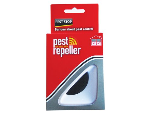 This Pest-Stop electronic small house pest repeller offers the domestic user a contemporary, aesthetically pleasing and effective solution to pest problems in the home.With a coverage of 2,500 square feet, this repeller can easily cover a typical house. As well as ultrasonic, the repeller uses electromagnetic waves and is highly effective against rodents and most crawling insects. It has a large speaker and an LED light which is lit when the repeller is working and differentiates between the settings.Full instructions supplied.