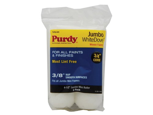The Purdy® Jumbo Mini White Dove™ Sleeve is made from woven Dralon® fabric to deliver an ultra smooth finish and also to reduce dripping and spatter when loading paint. This superior finish makes the sleeve ideal when working on domestic jobs. The tapered end reduces tram lines, to deliver a consistent high-quality, lint-free finish.Suitable for all latex and oil based paints, and for all paint finishes.This Purdy® Jumbo Mini White Dove™ Sleeve has the following specification:Material: Nylon Woven CoverSize: 114mm (4.1/2in)Nap Depth: 10mm (3/8in)Core: 19mm (3/4in)Pack Quantity: 2
