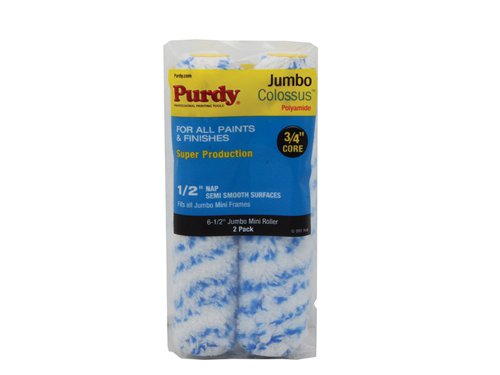 The Purdy® Jumbo Mini Colossus™ Sleeve is made from 100% woven polyamide, so it picks up and releases more paint, making it ideal when speed and efficiency is key. It will leave a smooth finish when working on larger commercial jobs, plasterboard, artex and exterior walls. The tapered end reduces tram lines for a consistently uniform finish. Its design also helps to reduce dripping and spatter when loading up, to guarantee a smooth finish.Suitable for all paints and finishes.This Purdy® Jumbo Mini Colossus™ Sleeve has the following specification:Material: 100% woven polyamideSize: 114mm (4.1/2in)Nap Depth: 12.7mm (1/2in)Core: 19mm (3/4in)Pack Quantity: 2