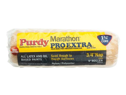 The Purdy® Marathon™ Roller Sleeve is made with an exclusive blend of nylon and polyester. Designed to withstand wear and tear. Provides a smooth finish and even coverage, even after 40 hours of continual use. Doesn’t leave traces of lint. If consistency is key, this is the sleeve for you.Suitable for all latex and oil based paints. For flat, eggshell and satin finishes.Specifications:Material: Nylon/ Polyester knitted cover.Size: 228mm (9in).Pile Height: 19mm (3/4in).Core: 44mm (1.3/4in).