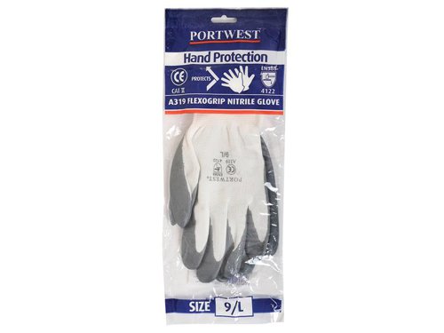 PWT A319 Grey/White Grip Nitrile Gloves - L (Size 9)