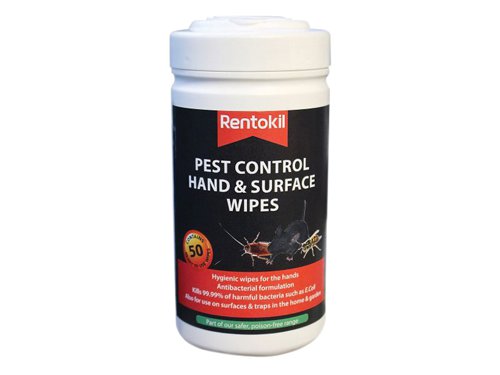 The Rentokil Pest Control Hand & Surface Wipes are ready-to-use hygienic wipes for cleaning hands after handling pest related products or dead rodents/insects.Ideal when using or handling poisons or animal traps. Can also be used on surfaces, bait trays and traps in the home and garden. The special antibacterial formulation is suitable for all pest control situations.Made in the UK.