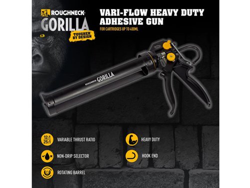 The Roughneck® Vari-Flow Heavy-Duty Sealant Gun easily switches between a thrust ratio of 12:1 and 25:1 for exceptional power with minimum force. The non-drip selector is ideal when working indoors or at height to avoid spillage. The rotating barrel and comfortable rounded grip ensure maximum control and reduce fatigue. Quick-release mechanism and hook end for easy cartridge change.Suitable for cartridges up to 400ml.