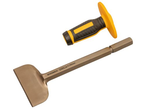 The Roughneck Gorilla Brick Bolster is manufactured from drop-forged and heat-treated superior quality chrome vanadium steel to ensure outstanding toughness and long-life performance. The 45?? single chamfer cutting edge offers the optimal balance between cutting performance and longevity. Equipped with a patented non-slip guard that securely locks onto the shaft. Eliminates the age-old problem of grips slipping up the shaft during impact. Additionally, the guard can be removed within seconds to improve access in tight areas or to aid flush cutting.1 x Roughneck Gorilla Brick Bolster with Non-Slip Hand Guard 102 x 279mm (4 x 11in)