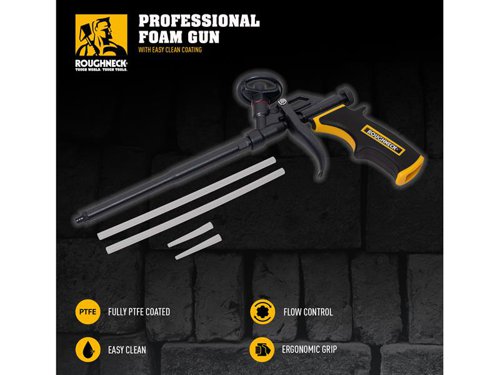 This Roughneck Professional Foam Gun has a large, sturdy metal body with a comfortable soft grip, making it suitable for long working periods. The Foam Gun has a brass barrel, needle and nozzle with non-stick coating. The aluminium body is also coated with a non-stick coating. With flow adjusting knob for greater control and can holder adaptor.Ideal for the following applications:Filling:Gaps in brick, concrete, stone and plaster.Gaps and holes around pipe work and duct work.Spaces around window frames and door frames.Deep joints before applying plaster or sealant.Insulating:Internally for exterior walls.Soffits and barge boards.Supplied complete with:2 x long plastic extension tubes.2 x plastic nozzles.