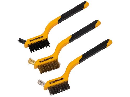The Roughneck Ultra Slim Wire Brushes feature soft grip TPR handles and 3 rows of 7 sets of bristles. They are suitable for varied applications, the set contains stainless steel bristles for reduced contamination, brass for softer surfaces and nylon for delicate surfaces. Ideal for general cleaning in tight spaces and around fixtures and fittings, the preparation of most types of small surfaces and cleaning small parts such as contacts on spark plugs, each brush includes precision tip for awkward spaces.Contents:1x Ultra slim brush - 3 row stainless steel1x Ultra slim brush - 3 row brass1x Ultra slim brush - 3 row nylon