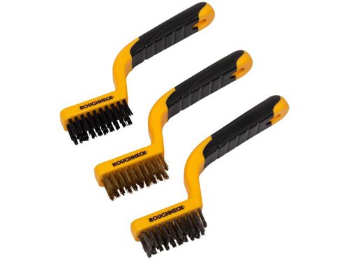 The Roughneck Narrow Wire Brushes feature soft grip TPR handles and 3 rows of 10 sets of bristles. They are suitable for varied applications, the set contains stainless steel bristles for reduced contamination, brass for softer surfaces and nylon for delicate surfaces. Ideal for general cleaning in tight spaces and around fixtures and fittings, the preparation of most types of small surfaces and cleaning small parts such as contacts on spark plugs.xContents:1x Narrow wire brush - 3 row nylon1x Narrow wire brush - 3 row brass1x Narrow wire brush - 3 row stainless steel