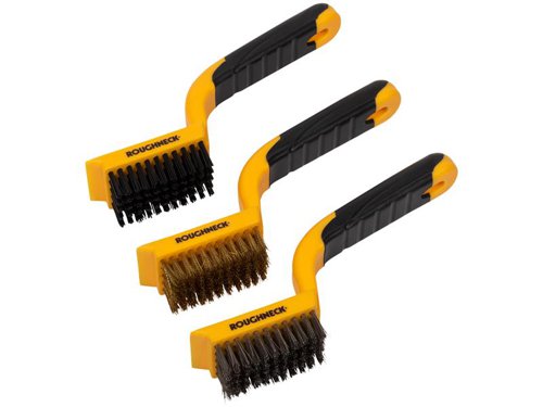 Roughneck Wire Brush Set contains one each of nylon, stainless steel and brass bristles with integral scrapers. Each brush has a TPR soft grip handle and they are suitable for general cleaning, the preparation of most types of large surfaces and also cleaning small parts such as contacts on spark plugs.This wire brush is ideal for cleaning patios, decking and barbeques. It can also be used for cleaning paint, rust, damp patches from brickwork, metalwork etc.Each brush is 7 inch with 5 rows of 11 sets of bristles.