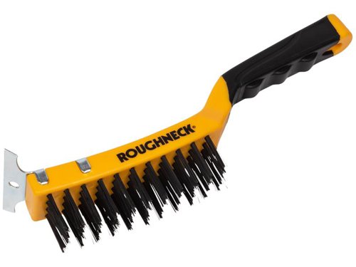 Roughneck Carbon Steel Wire Brush is a 4 row general purpose wire brush is a 300mm (12in) brush with 11 sets of anodised carbon steel bristles and a TPR soft-grip handle.This wire brush is ideal for cleaning patios, barbeques, paint and rust from hard surfaces and cleaning small parts such as contacts on spark plugs. It can also be used for cleaning paint, rust, damp patches from brickwork, woodwork, metalwork etc.ROU52040 - No scraperROU52042 - Has an integrated hardened steel scraper1 x Roughneck ROU52042 Carbon Steel Wire Brush Soft Grip with Scraper 300mm (12in).