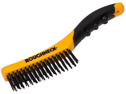 Roughneck Shoe Handle Wire Brush is a 4 row wire brush is 255mm (10 inch), with 16 sets of anodised carbon steel bristles and a TPR soft-grip handle. It is a medium size brush for general DIY and professional use.The wire brush can be used for cleaning patios and barbeques and cleaning small parts such as contacts on spark plugs. It can also be used for cleaning paint, rust, damp patches from brickwork, woodwork, metalwork etc.