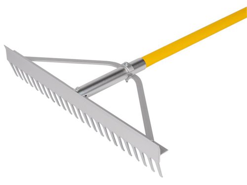 Aluminium landscape rake for raking bark, wood chippings, leaf mulch and lightweight gravel etc. With a 170cm / 67in fibreglass handle.The wide head covers large areas easily. Invert the rake to flatten a surface.The Roughneck ROU68624 Aluminium Landscape Rake has the following specifications:Rake width : 600mm / 24in.
