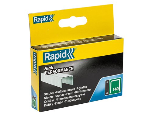 Rapid No. 140 precision cut flat wire staples are made from high-performance galvanised steel for strength and durability. Flat wire staples have a larger holding area against the material, making them ideal for thin plastic or insulation.Type: 140 (galvanised)Size: 14mm leg length.Quantity: 2,000.For use with: Rapid R34, R44, R64, ALU740, ALU840, ALU940, R54, E-tac, ESN114, R214, PS111 tackers.
