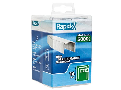 Rapid No. 140 precision cut flat wire staples are made from high-performance galvanised steel for strength and durability. Flat wire staples have a larger holding area against the material, making them ideal for thin plastic or insulation.Type: 140 (galvanised)Size: 14mm leg length.Quantity: Poly pack of 5,000.For use with the Rapid R44, R64, R34, MS840, Alu740, R54, E-TAC and ESN114.