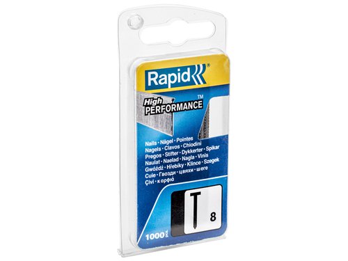 Rapid No. 8 brads are precision cut, high-performance steel brads (with head). They are ideal for carpentry, panels, baseboards and light furniture. Precision cut wire ensures the best incision.Specifications:Length: 15mm.Box: 1,000.For use with the Rapid Hobby Staple gun dual, R453, MS4.1, MS853, Alu 753, ESN530, R553, Hobby Electric, R83, MS813, ESN113, R213, R64, MS840, E-TAC, CSN140, ESN114, R214 and EN50 nailer/tackers.