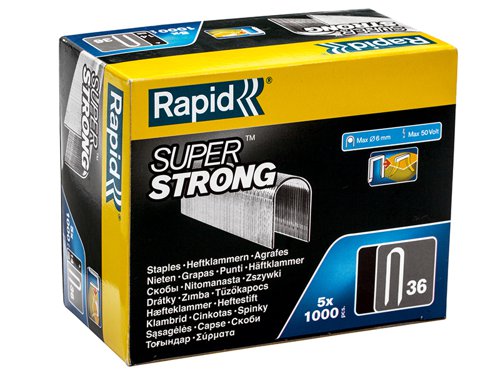 Rapid No. 36 precision cut, high-performance steel flat wire cable staples with rounded crown designed for securing low voltage cables up to a maximum of 6mm in diameter. The staples are made from strong galvanised wire with diverging points (DP), which makes the leg points go in opposite directions for extra strong bonding.For use with the Rapid R36 Cable Tacker.Size: 14mm Leg Length (divergent points).Type: Galvanised.Supplied as 5 boxes of 1,000 staples.
