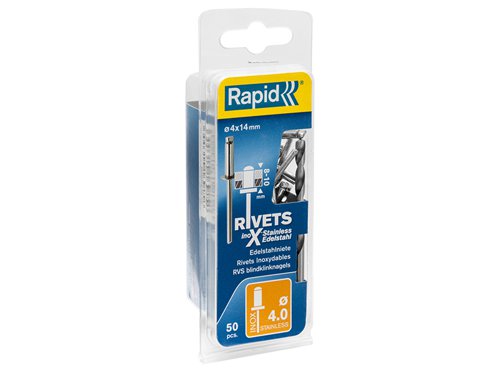 RPD5000395 Rapid Stainless Steel Rivets 4 x 14mm Blister of 50