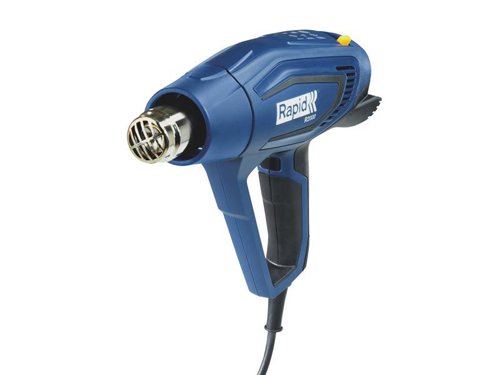 The Rapid R2000 Hot Air Gun has been designed to deliver great performance when carrying out tasks such as stripping paint, shrinking plastic and removing or adjusting material. Its fast heating time reduces downtime, while a three-stage temperature regulator is ideal for almost all applications. It feels great in the hand, thanks to its double soft grip and handle protection. It’s also equipped with a rubber base that increases stability and safety when working on a desk or bench. Set the temperature at three levels (60, 300, 600°C), adjust the airflow rate and let the R2000 deliver outstanding results every time.Supplied in a carry case.Specifications:Input Power: 2,000W.Temperature Settings: 50-650°C.Airflow: 250-500 L/min.