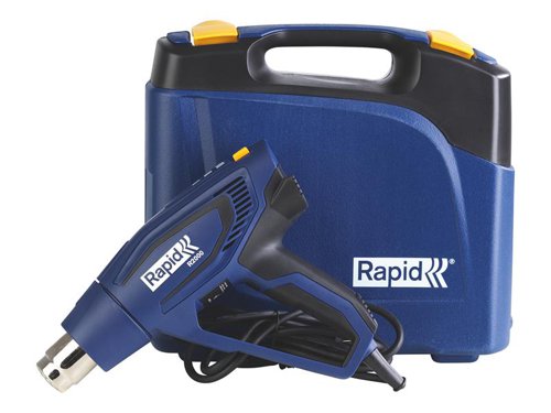 The Rapid R2000 Hot Air Gun has been designed to deliver great performance when carrying out tasks such as stripping paint, shrinking plastic and removing or adjusting material. Its fast heating time reduces downtime, while a three-stage temperature regulator is ideal for almost all applications. It feels great in the hand, thanks to its double soft grip and handle protection. It’s also equipped with a rubber base that increases stability and safety when working on a desk or bench. Set the temperature at three levels (60, 300, 600°C), adjust the airflow rate and let the R2000 deliver outstanding results every time.Supplied in a carry case.Specifications:Input Power: 2,000W.Temperature Settings: 50-650°C.Airflow: 250-500 L/min.